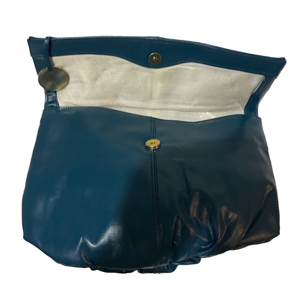 Vintage Women’s Teal Pleated Leather Clutch Handbag w/Charm Old Money Evening - Picture 7 of 8